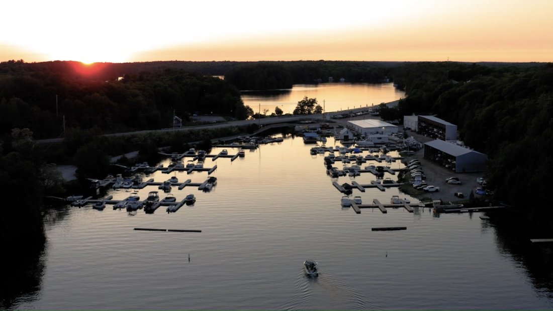 view of the marina at sunset